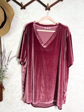 Amaryllis Burgundy Velvet Oversized V-Neck Tunic Top 3X Short Sleeve Stretchy Po